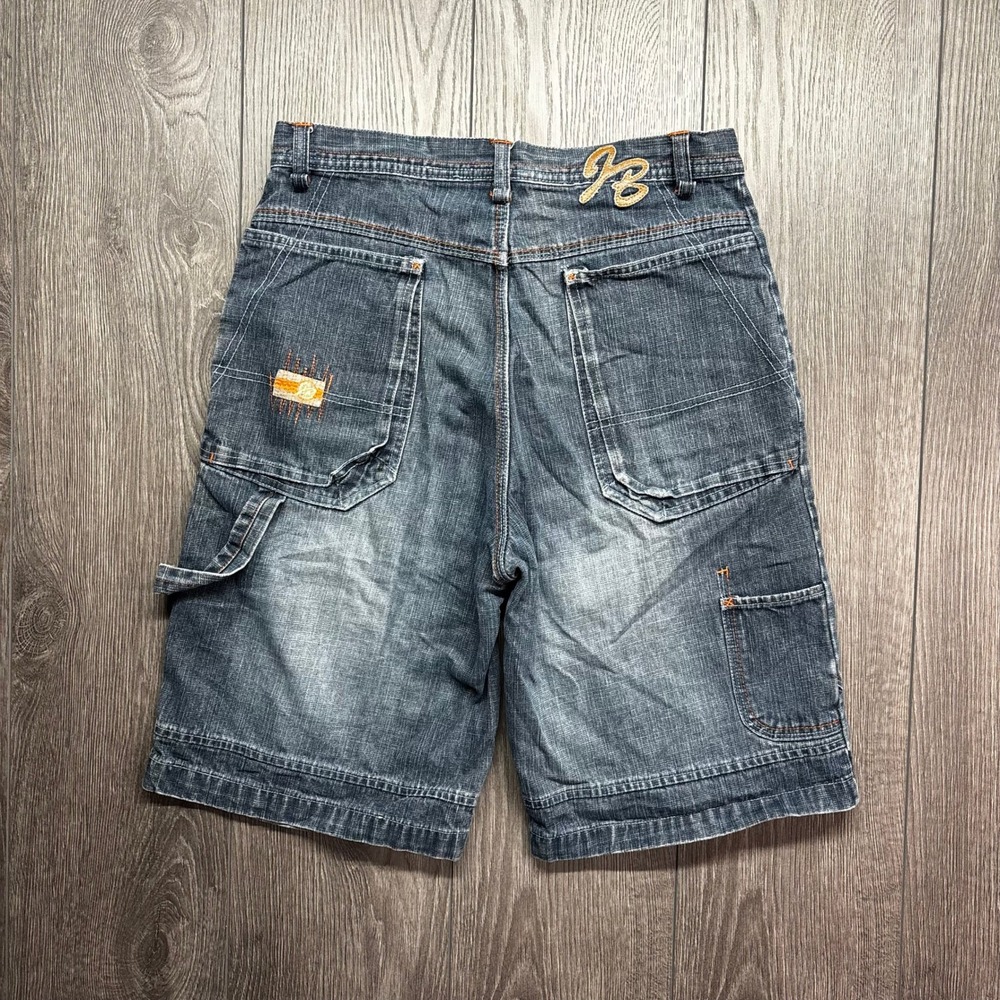 Joe Boxer Mens Y2K Denim Carpenter Shorts Dark Wash Blue Orange Stitch 14H 29W